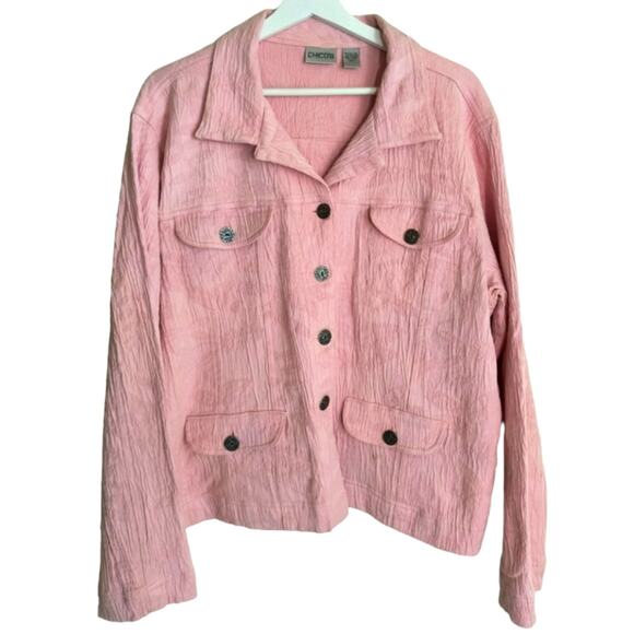 Chico's Blazer Women's Size 12 Pink Long sleeve Button Up Multi Pocket Crinkle - Picture 1 of 10